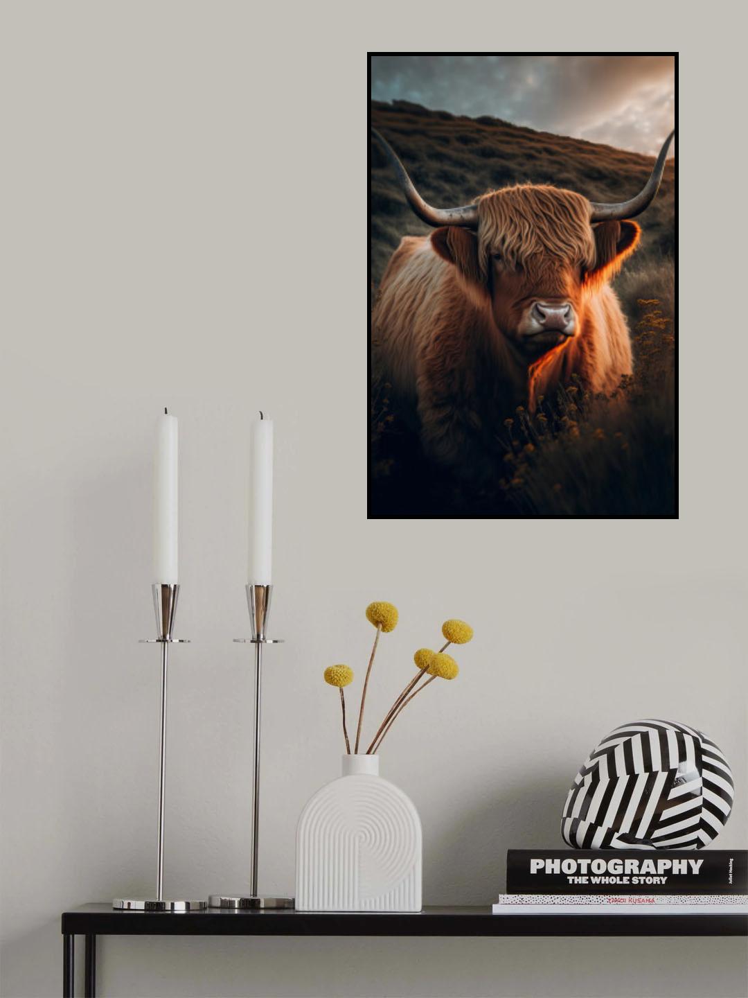 Highland Cow With Big Horns Poster och Canvastavla