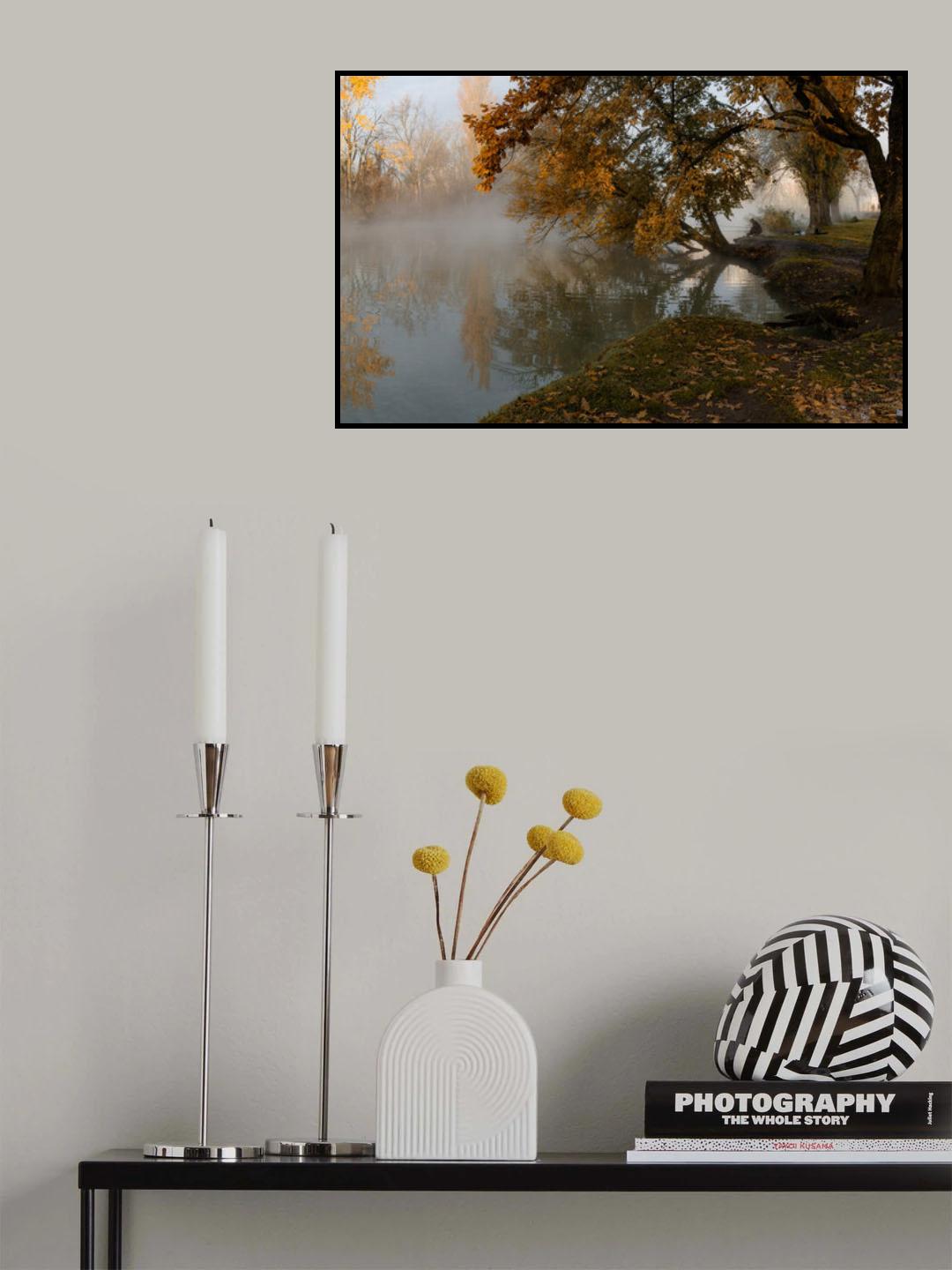 Autumn misty morning with a lone fisherman Poster och Canvastavla