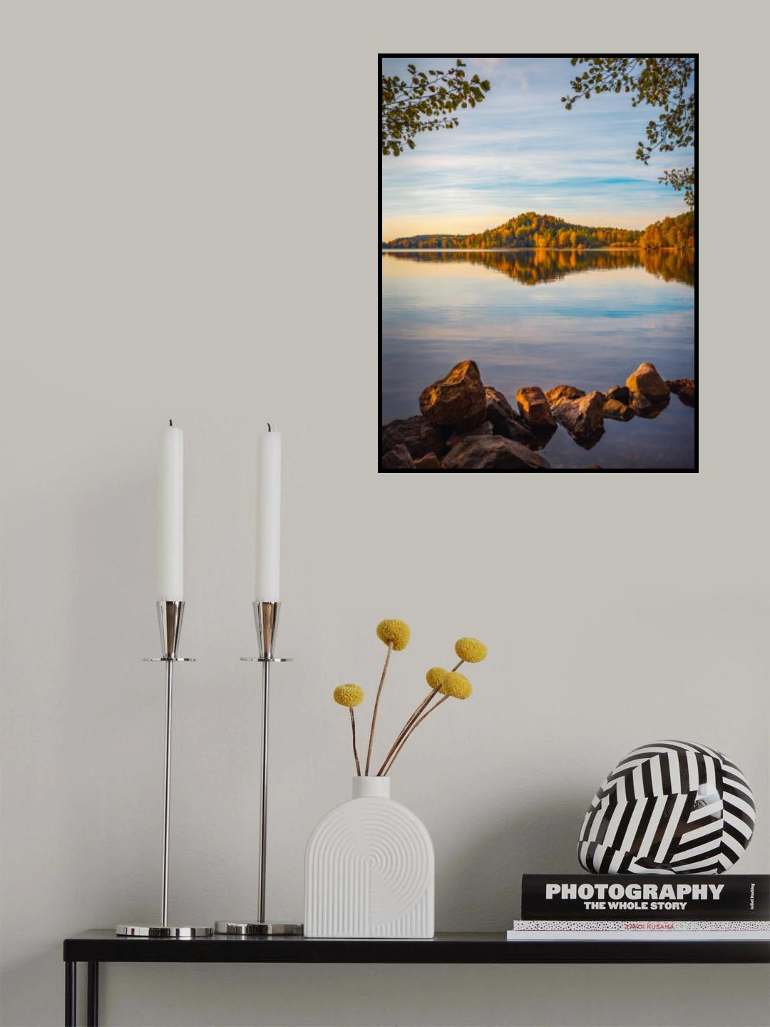 Autumn lake with a small mountain in the background Poster och Canvastavla