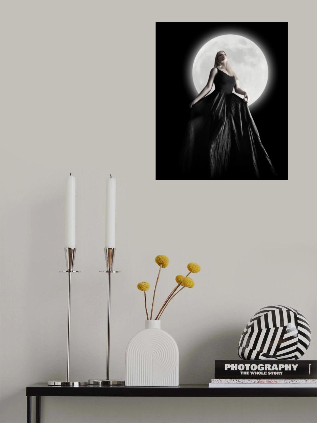Dark Night Moon Girl with Black Dress Poster och Canvastavla