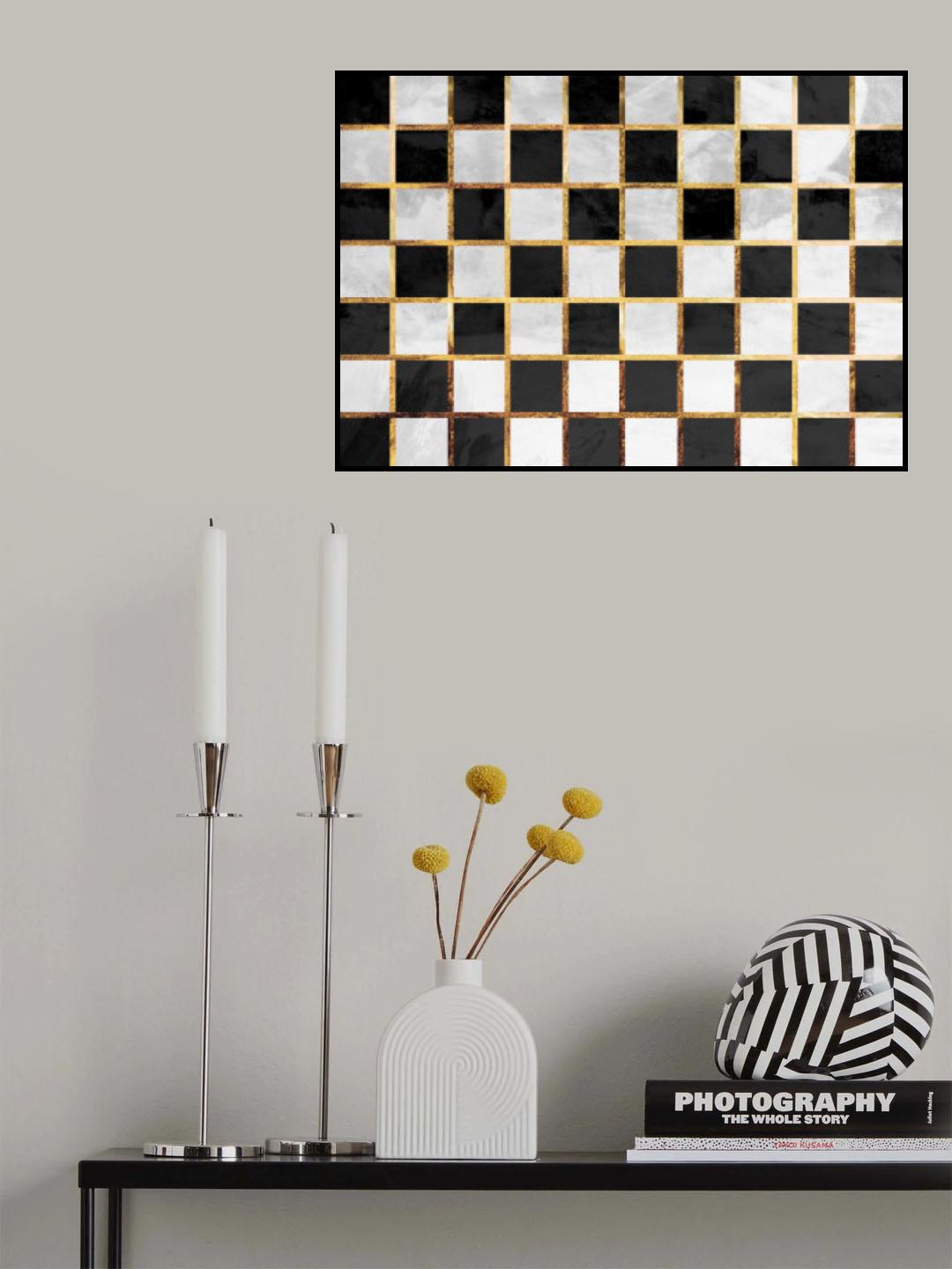 Checkerboard black gold white concrete Poster och Canvastavla