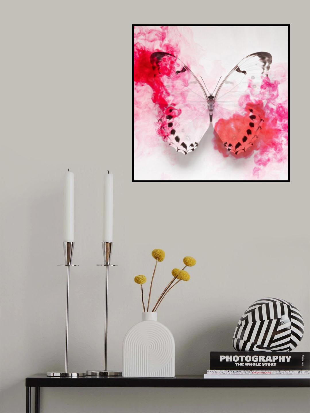 White Morpho Butterfly With Crimson Ink Poster och Canvastavla