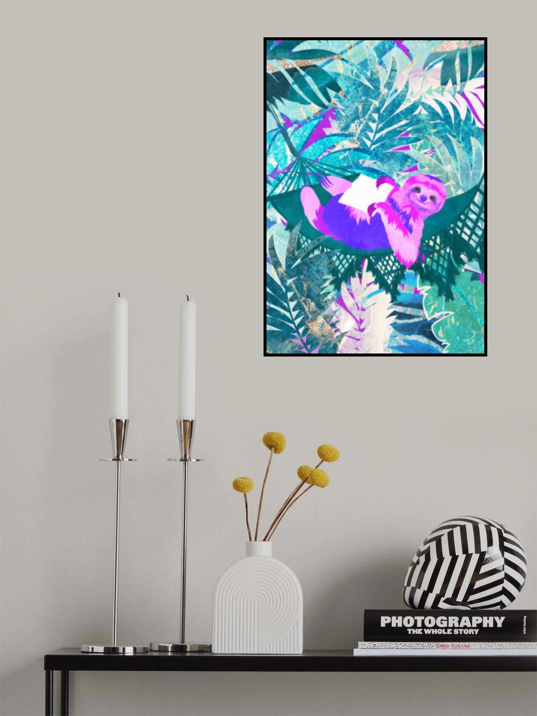 Pink and Green Neon Sloth in Hammock Poster och Canvastavla