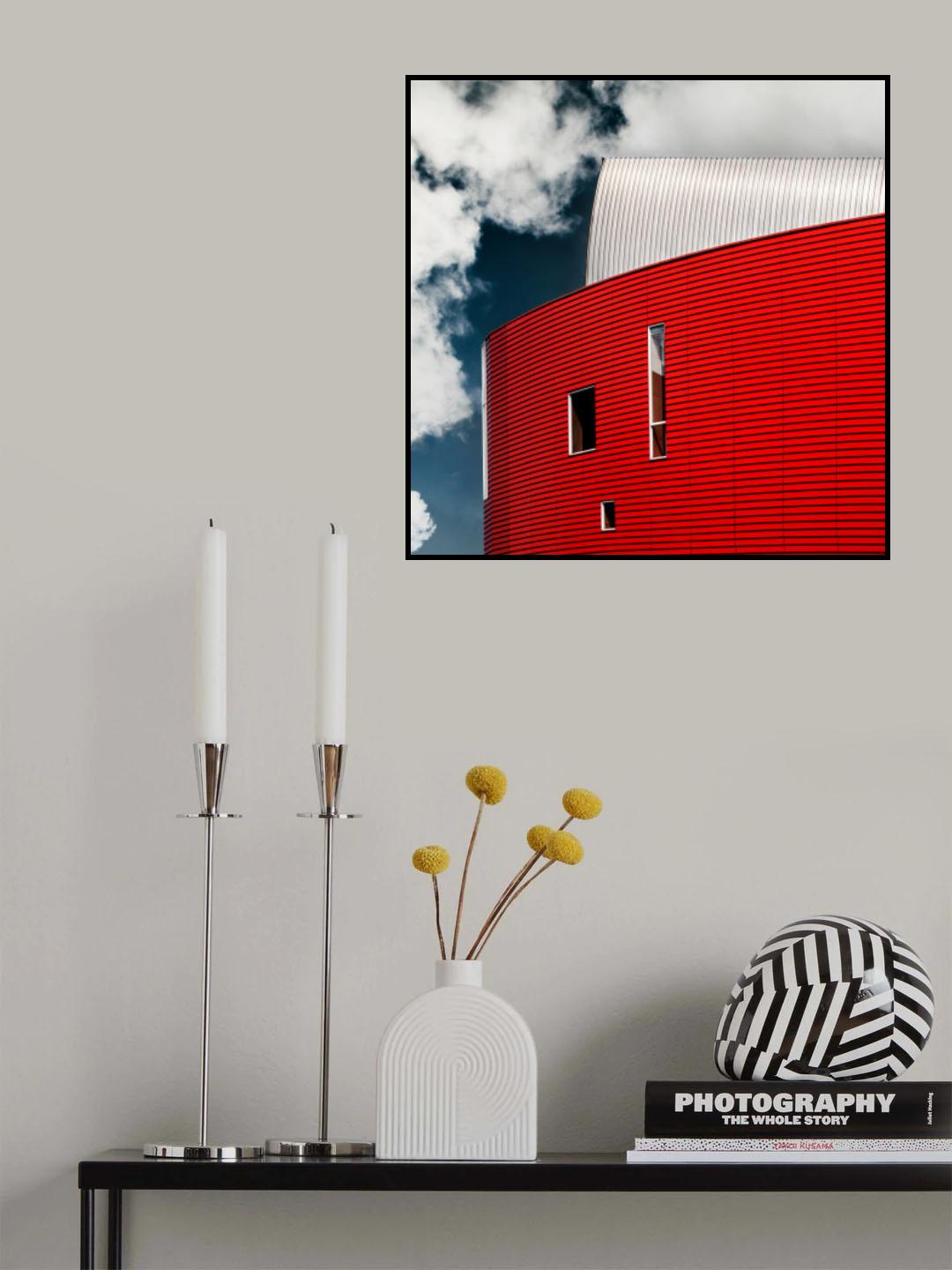 Three tiny windows in red wall Poster och Canvastavla