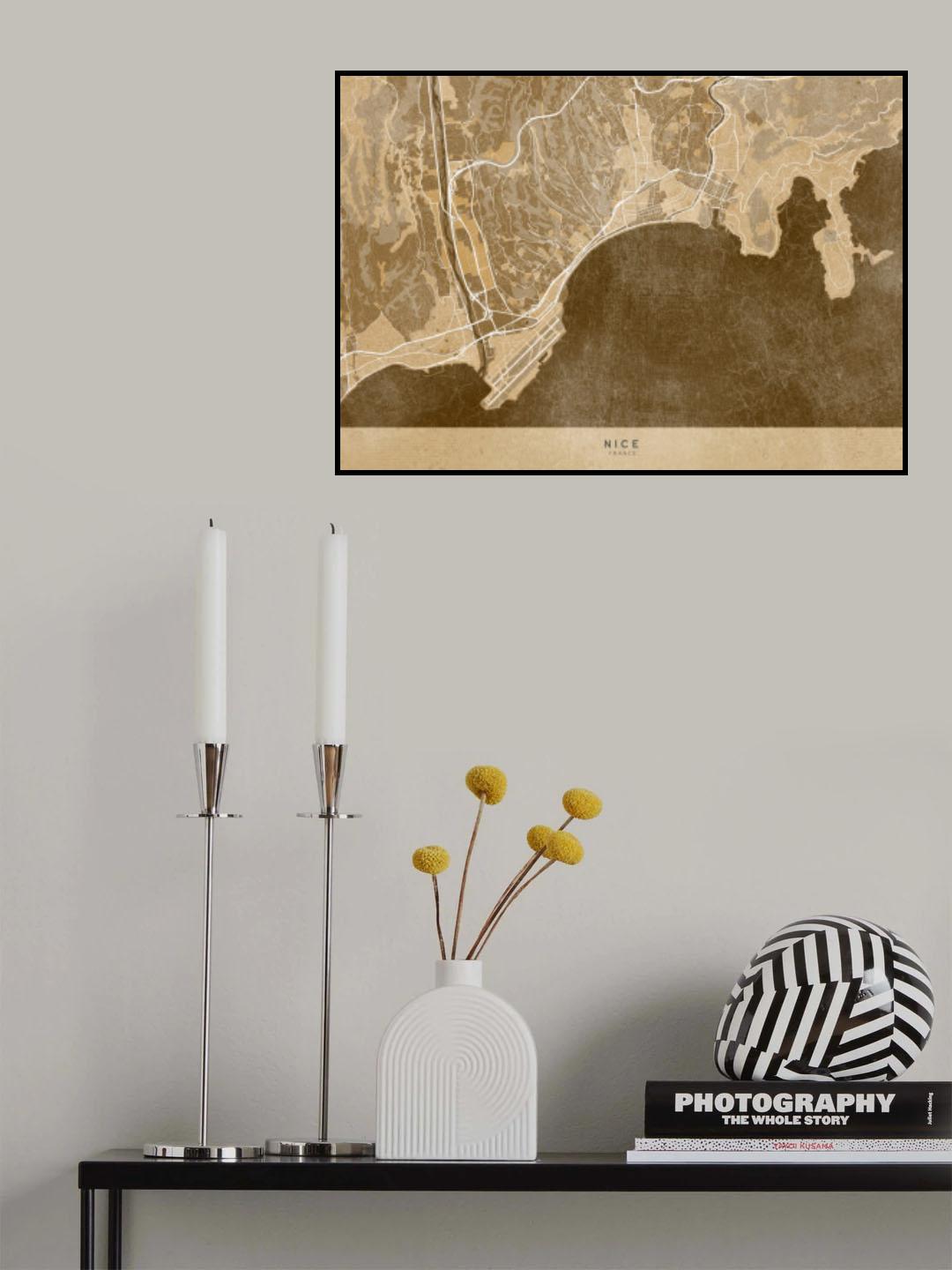 Sepia vintage map of Nice France Poster och Canvastavla
