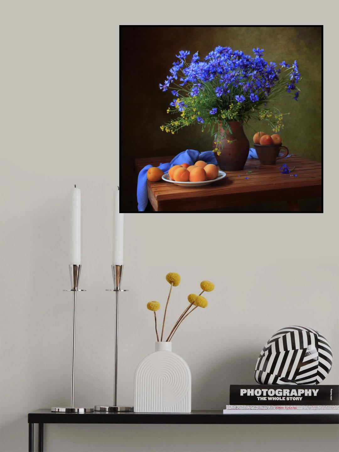 Still life with a bouquet of cornflowers and apricots Poster och Canvastavla