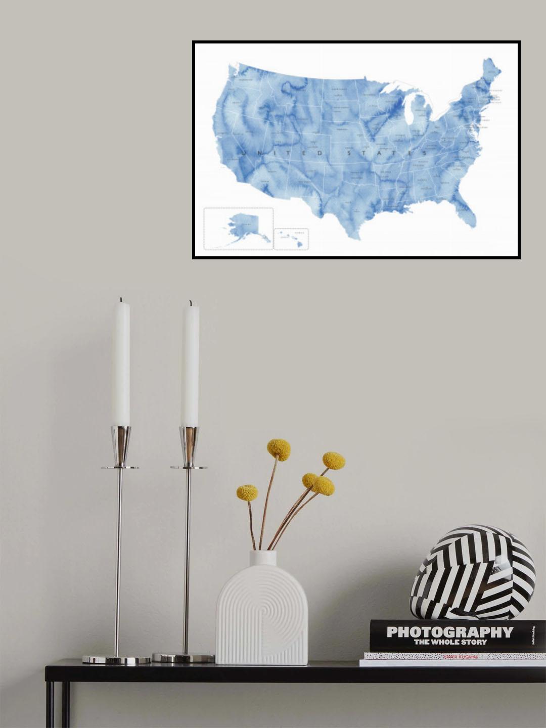 Blue watercolor map of the USA with states and state capitals Poster och Canvastavla