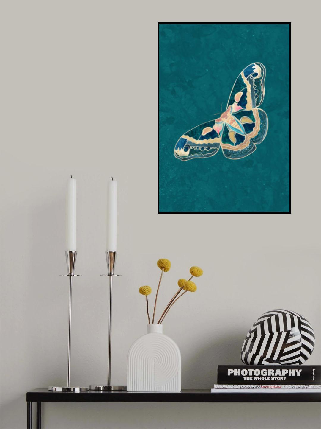 Turquoise Gold Moth Butterfly Poster och Canvastavla