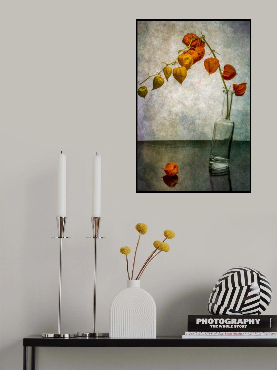 Still life with a branch of Physalis in a slanted bottle Poster och Canvastavla