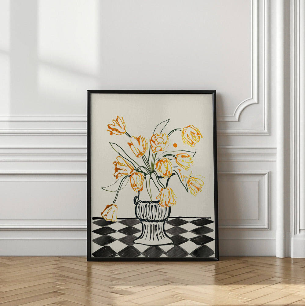 Orange Tulips In a Vase with Checkered Diamonds Poster och Canvastavla