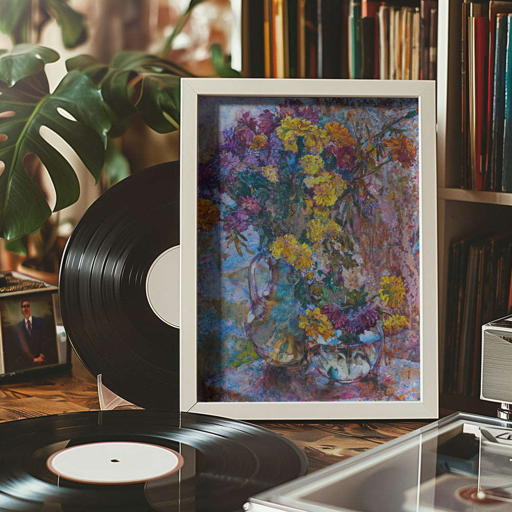 Chrysanthemums against the background of rain Poster och Canvastavla