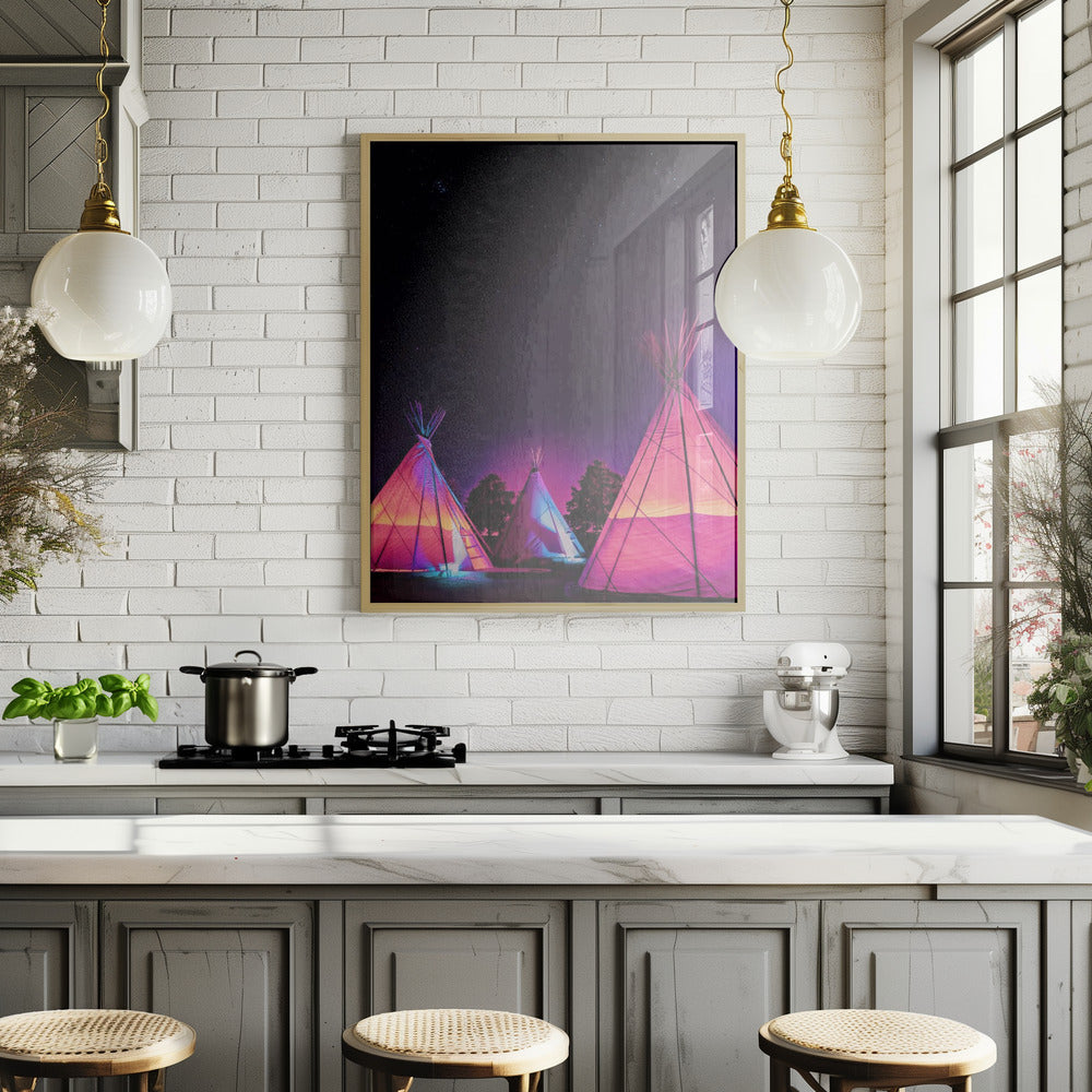 Vaporwave Teepees Glowing at Night Under Stars In Marfa Texas Poster och Canvastavla