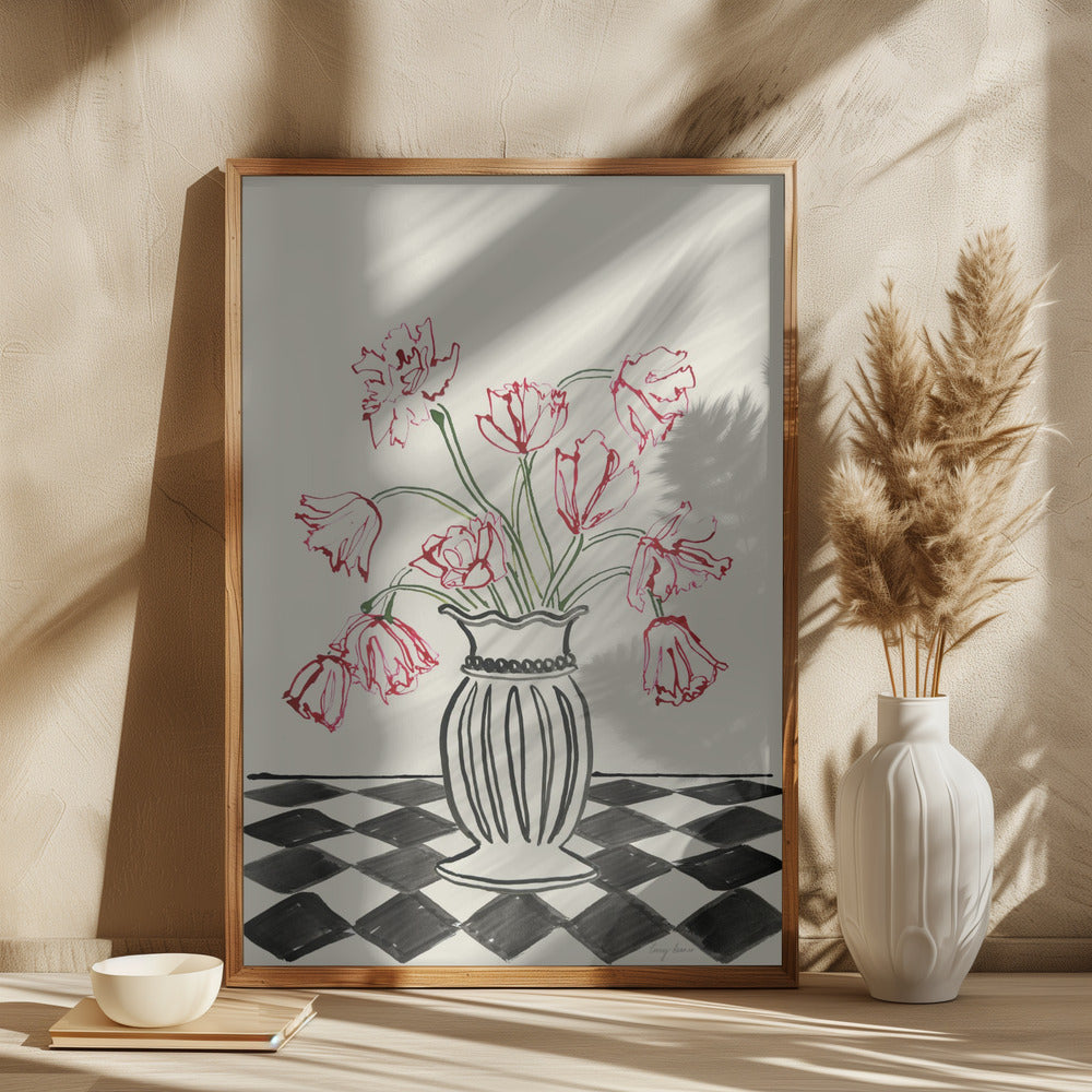 Pink Tulips In a Vase with Checkered Diamonds Poster och Canvastavla
