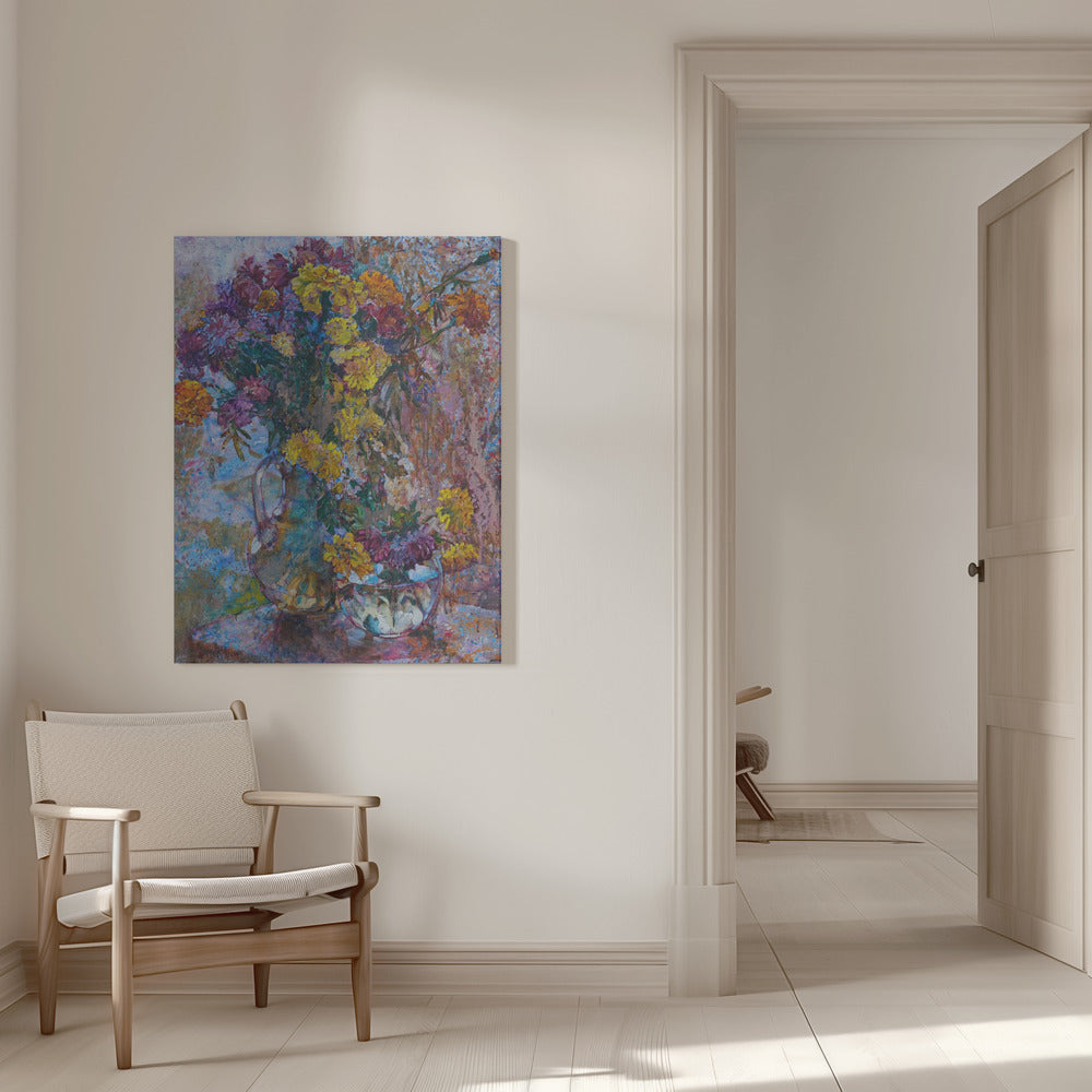Chrysanthemums against the background of rain Poster och Canvastavla