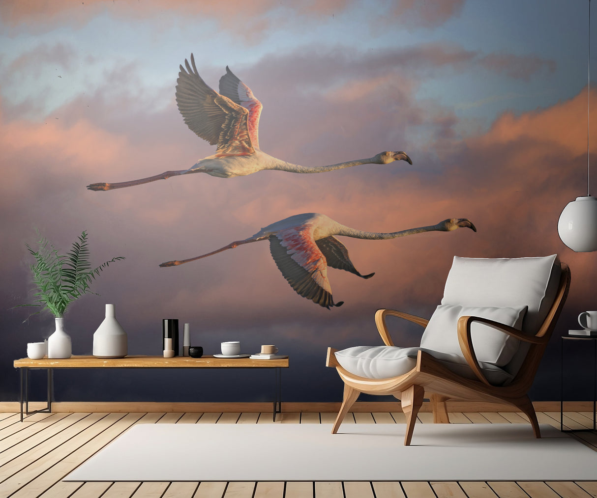 Flamingos at sunset Poster och Canvastavla