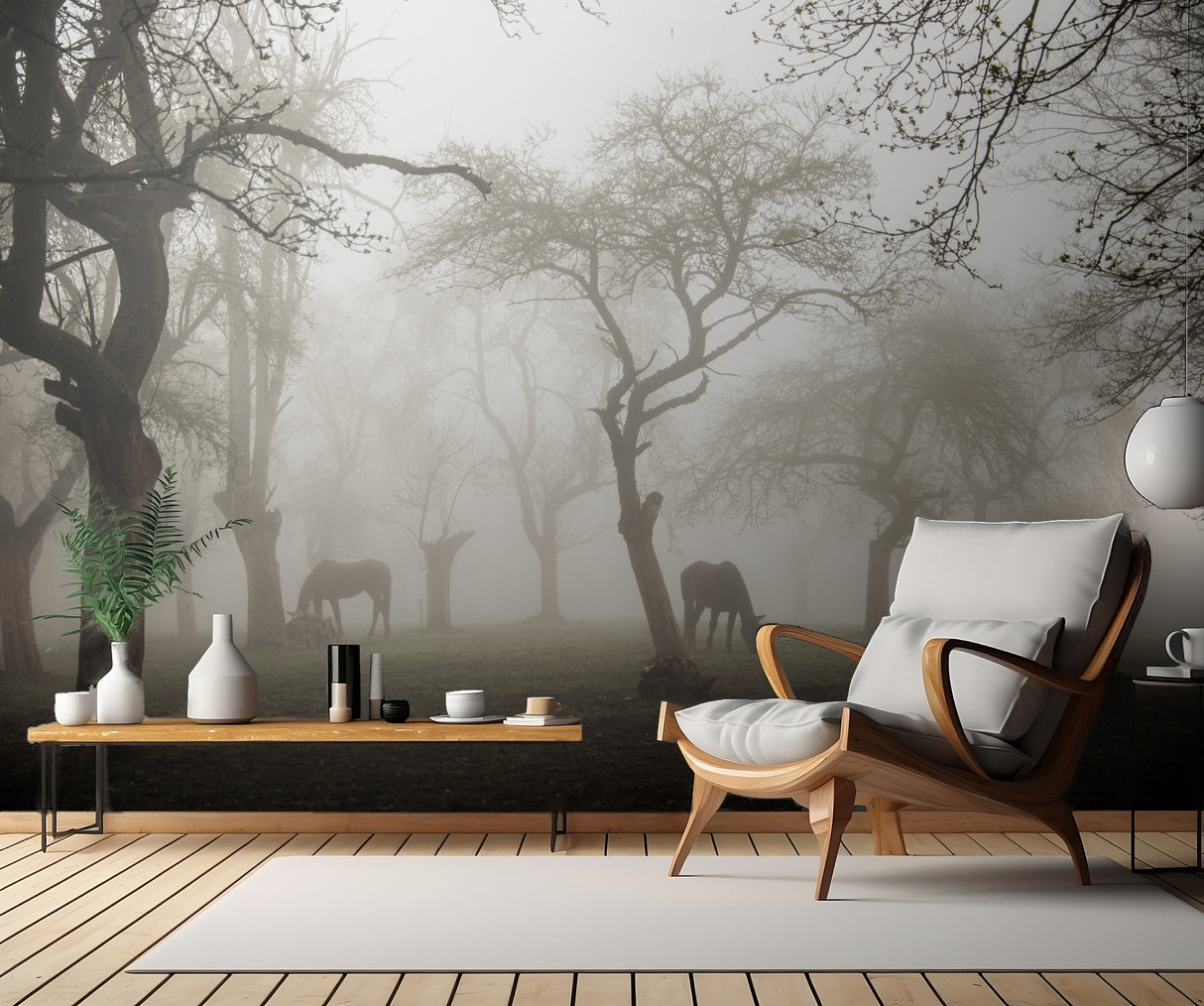 Horses in a foggy orchard Poster och Canvastavla