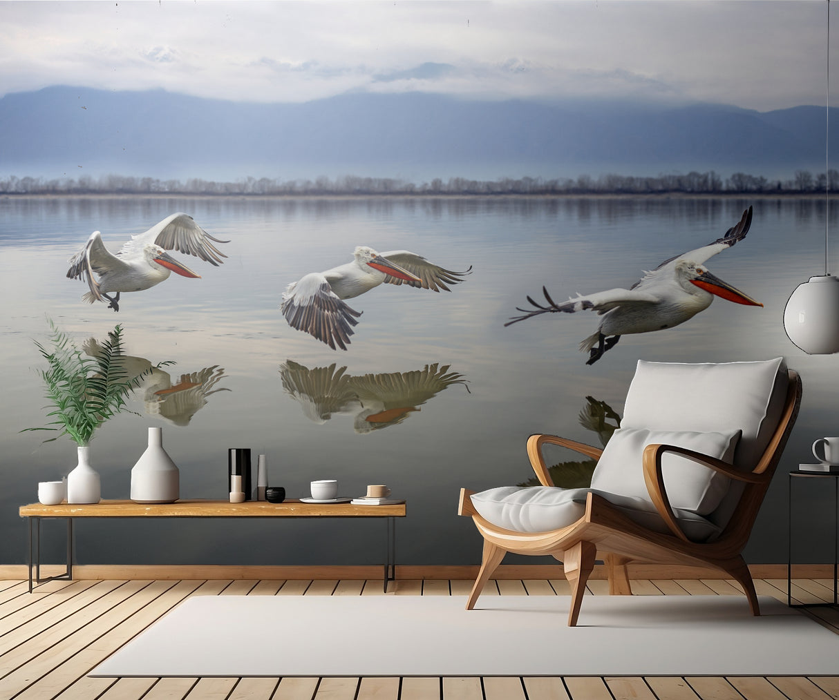 Flying Dalmatian pelicans Poster och Canvastavla