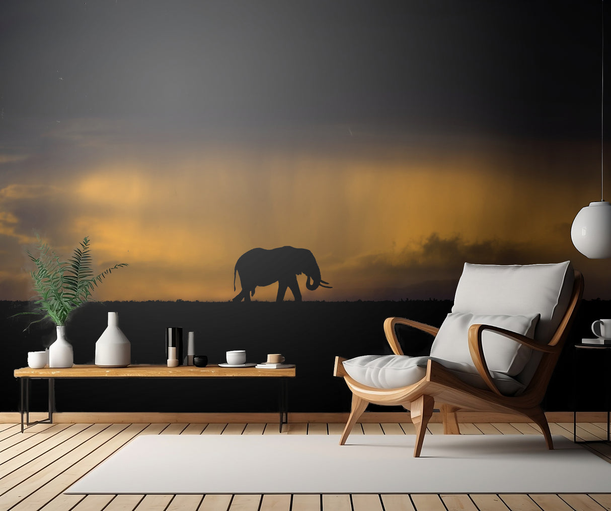 Elephant in a rain storm at sunset Poster och Canvastavla