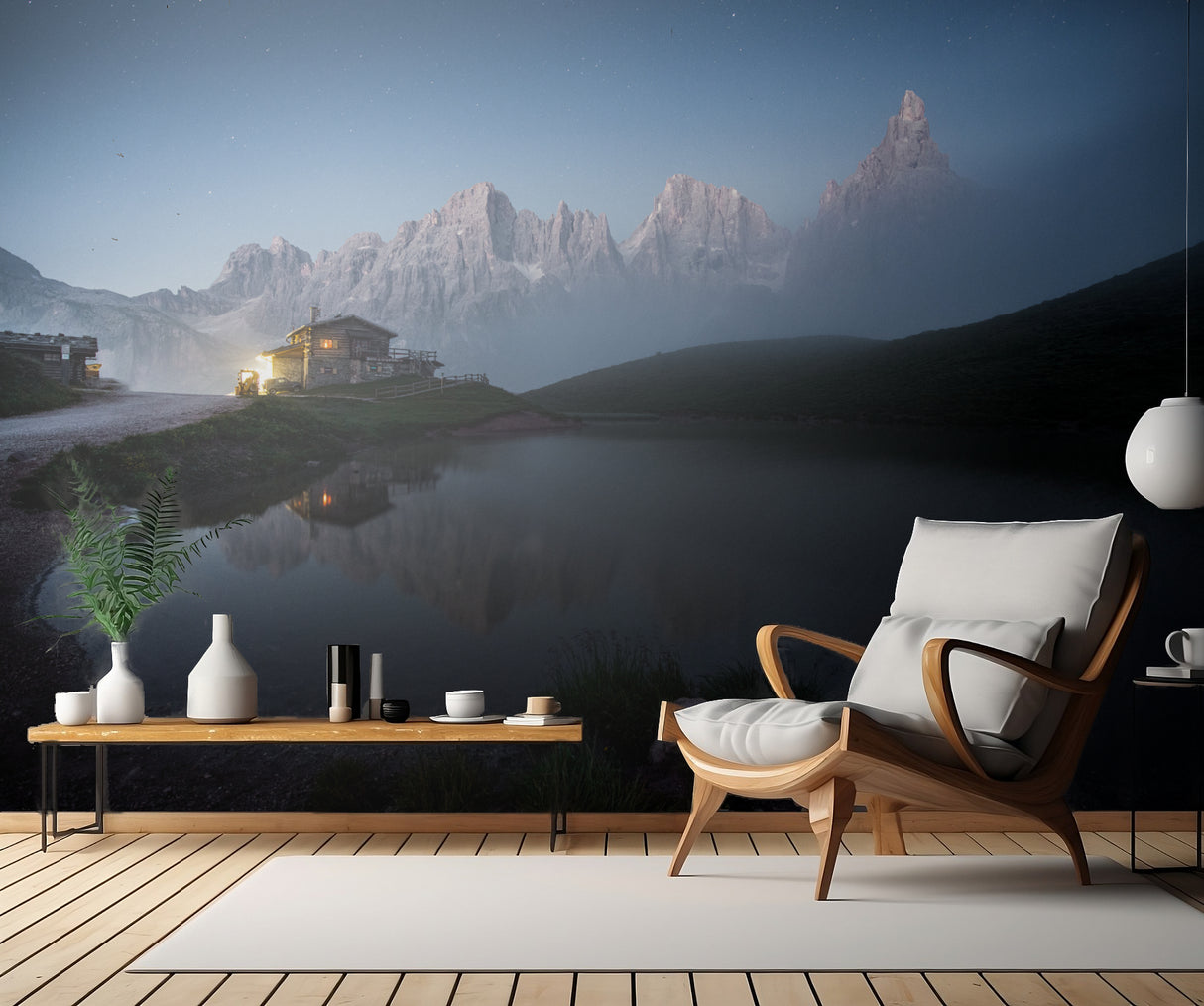 Wooden house between mountain and lake Poster och Canvastavla