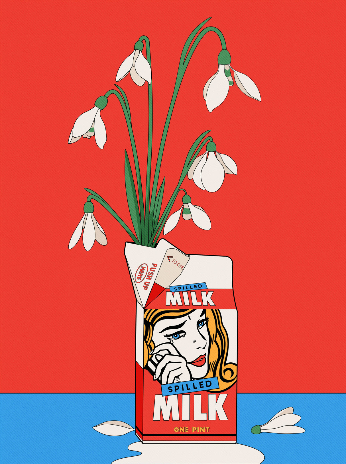 Snowdrops in Spilled Milk Carton Retro Illustration Poster och Canvastavla