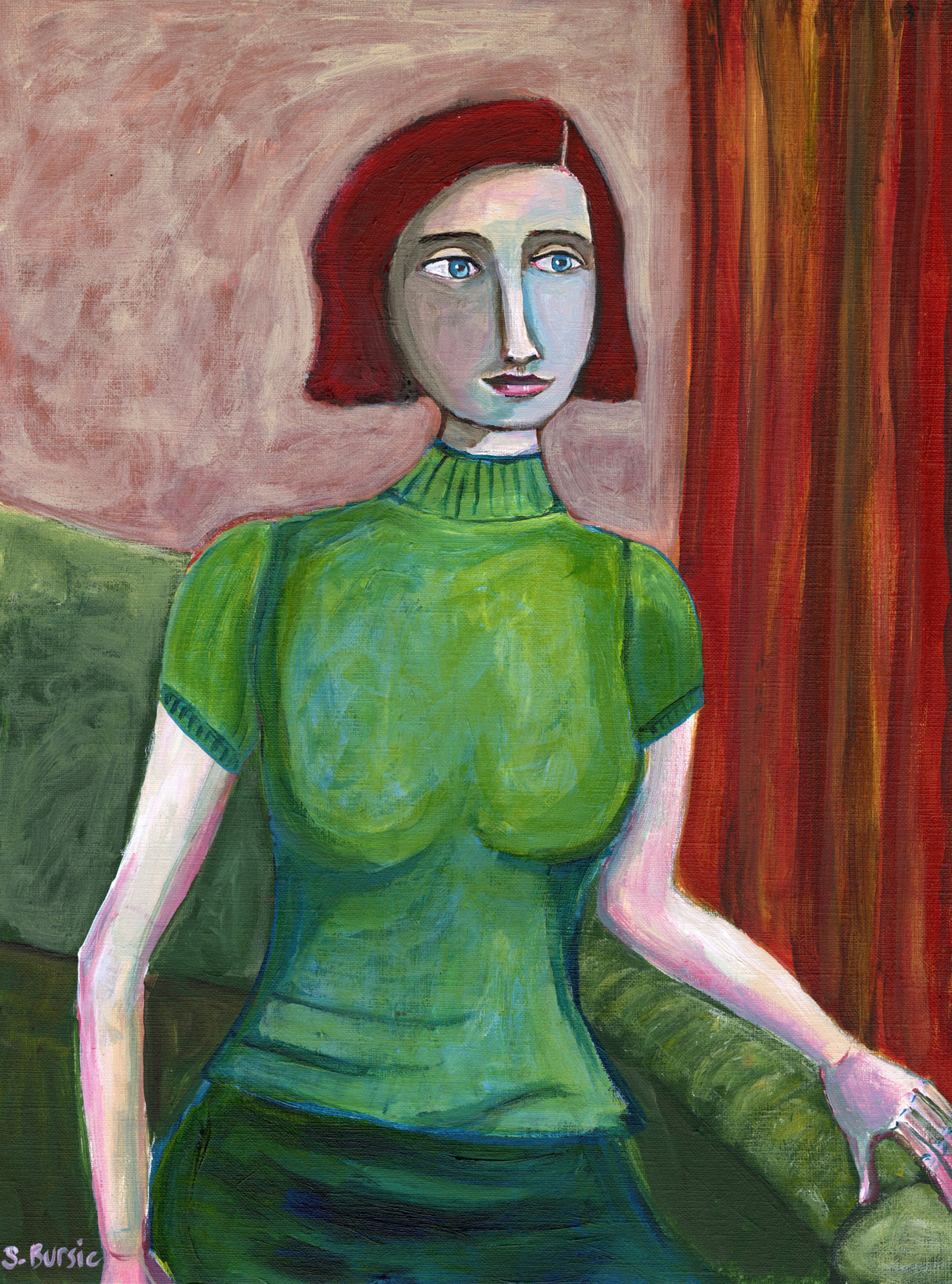 Vintage Red Head in Green Poster och Canvastavla