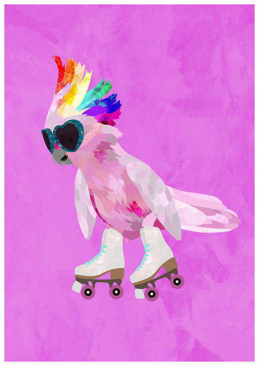Rollerskating pink cockatoo Poster och Canvastavla