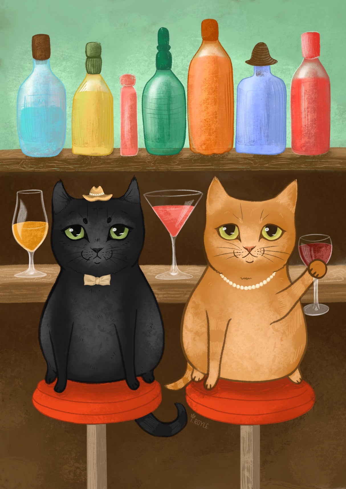 Cats Drinking at Mid Century Bar Poster och Canvastavla