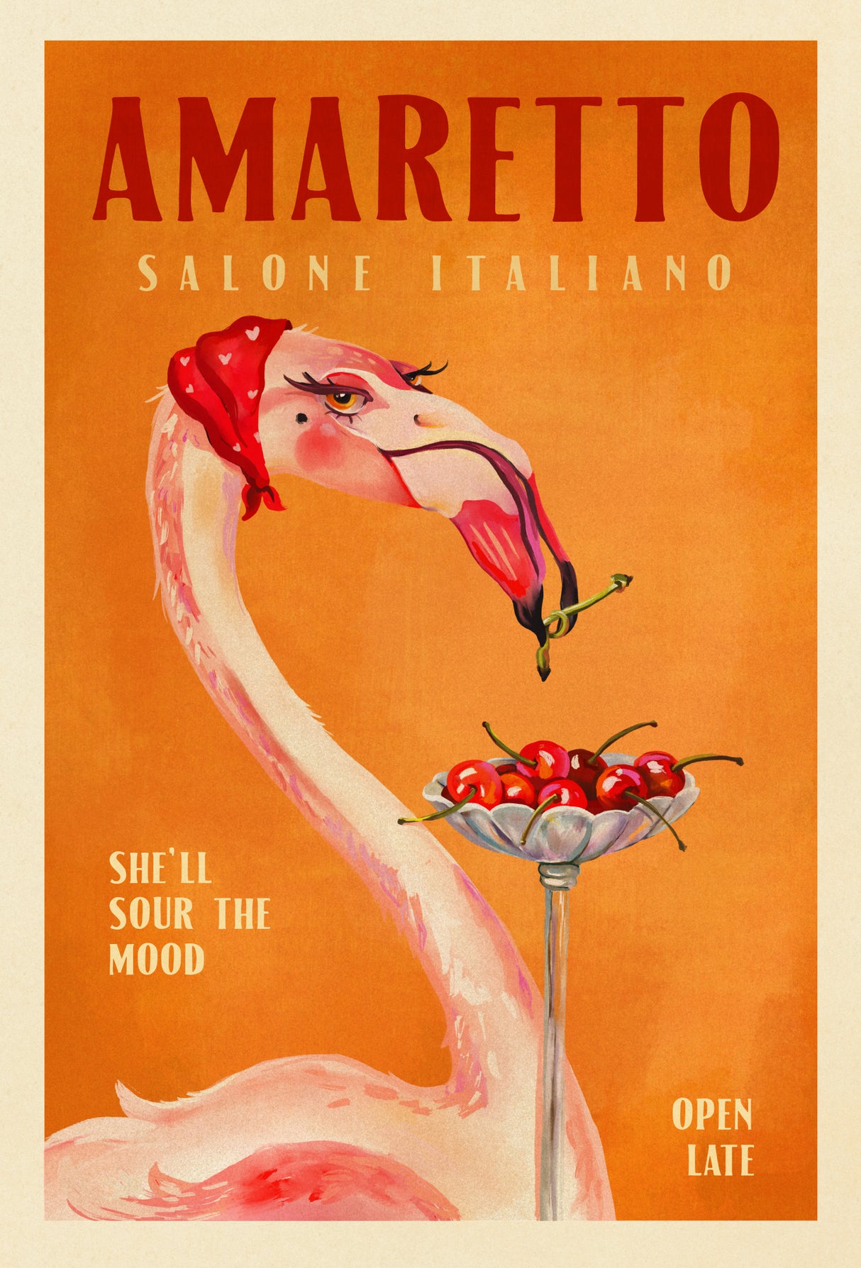 Amaretto Flamingo Art Deco Italian Cafe Travel Art Poster och Canvastavla