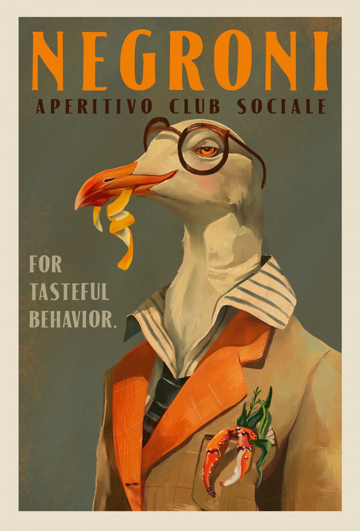 Vintage Art Deco Negroni Poster Of A Fancy Seagull Poster och Canvastavla
