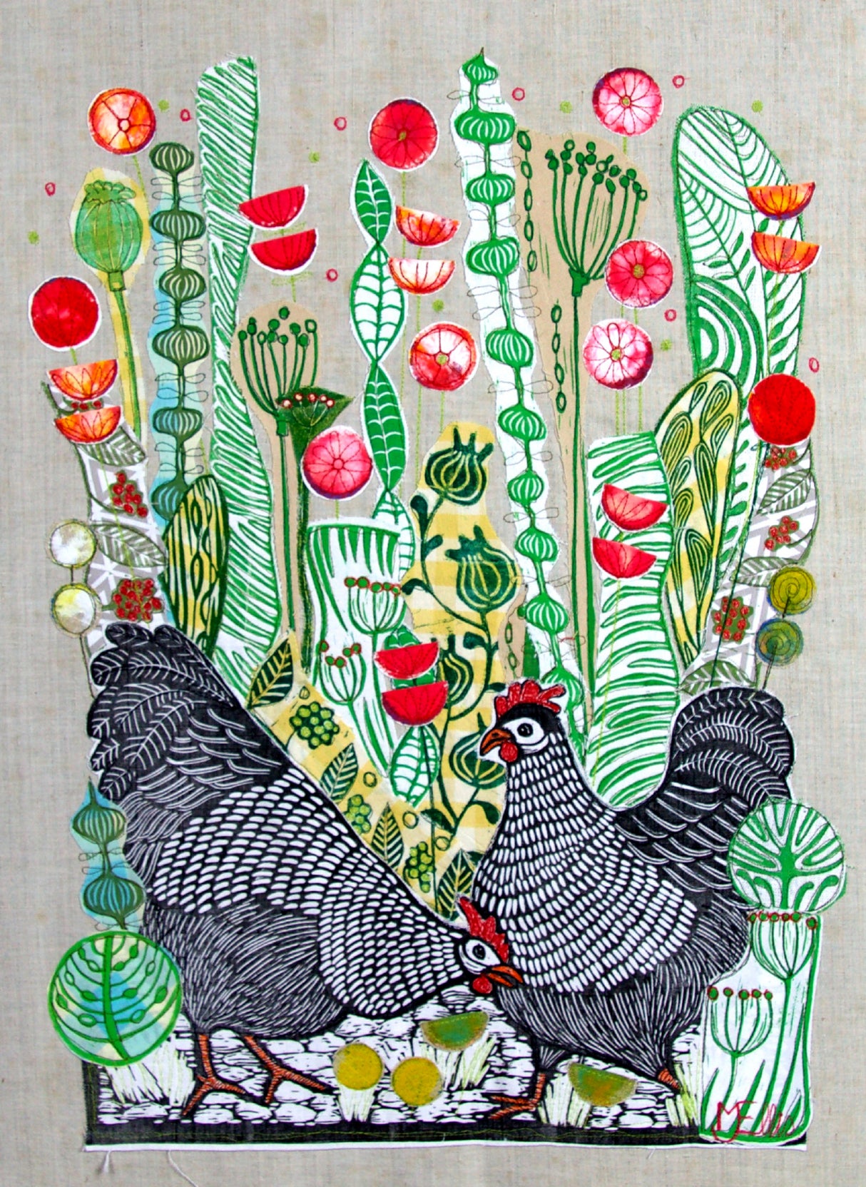 Hens in the poppies Poster och Canvastavla