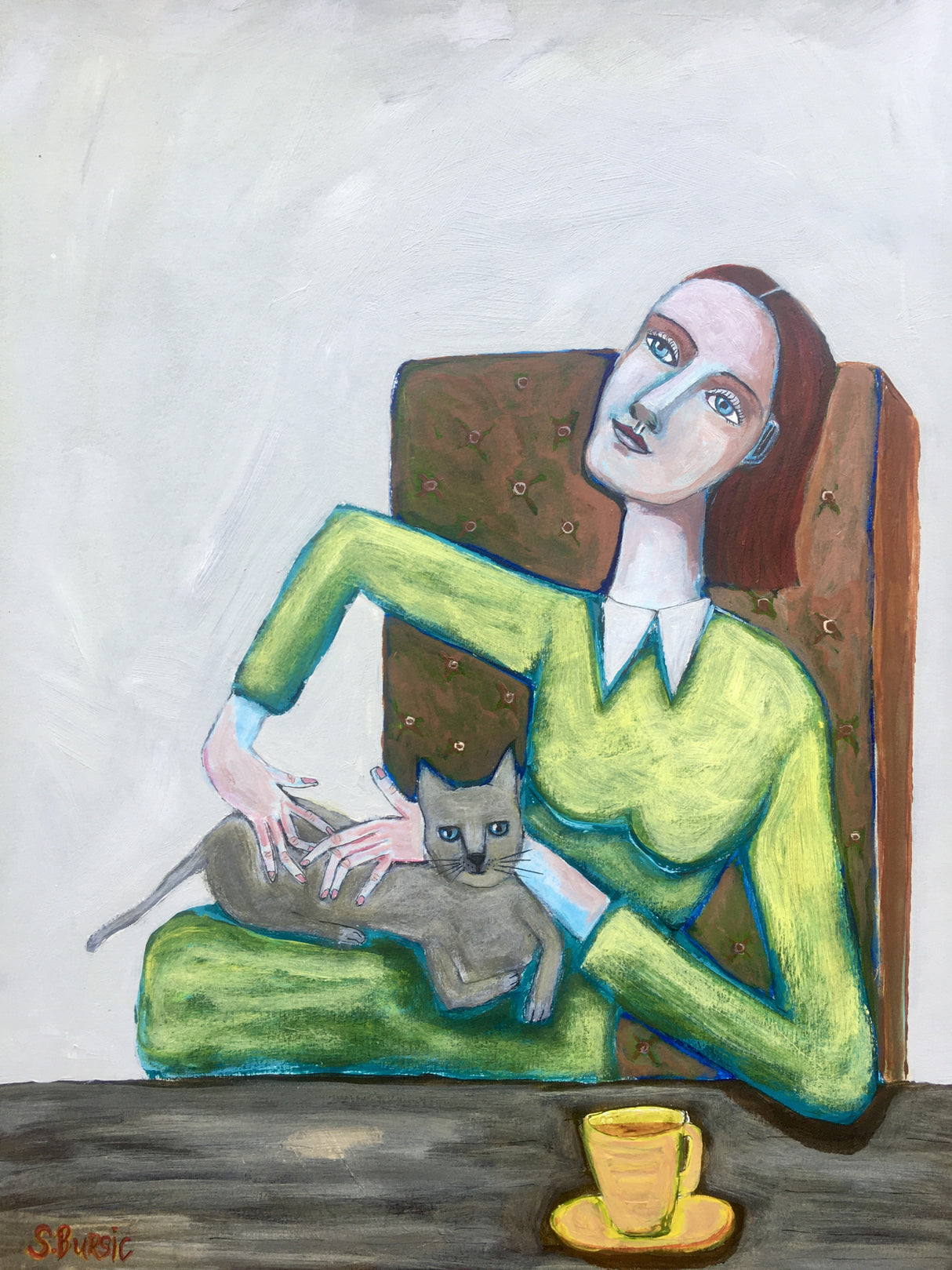 Lady tickling grey cat in chair Poster och Canvastavla