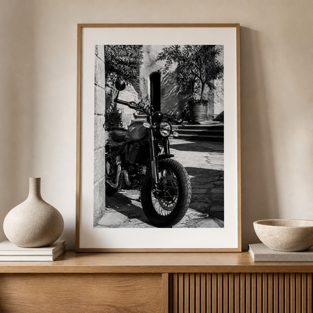 Ducati Scrambler – Mediterranean Courtyard Blackwhite Poster