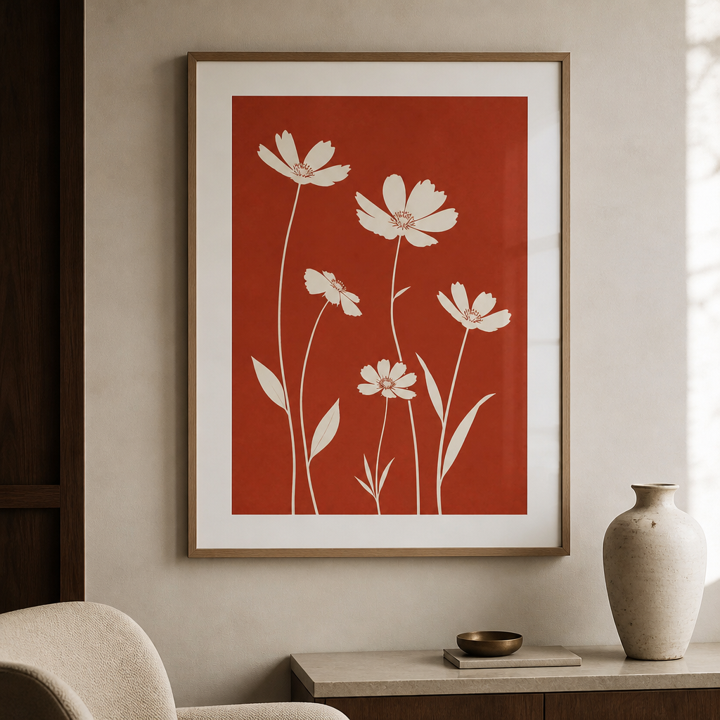 White flower silhouettes on brick red Poster