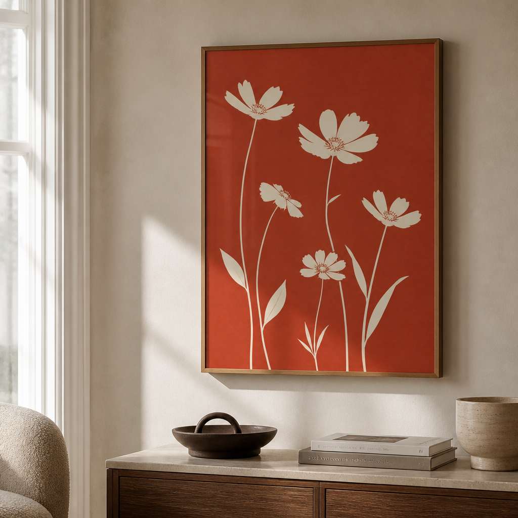 White flower silhouettes on brick red Poster