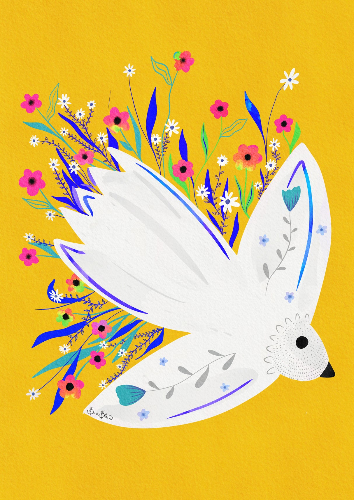 Bird in Flowers illustration Poster och Canvastavla