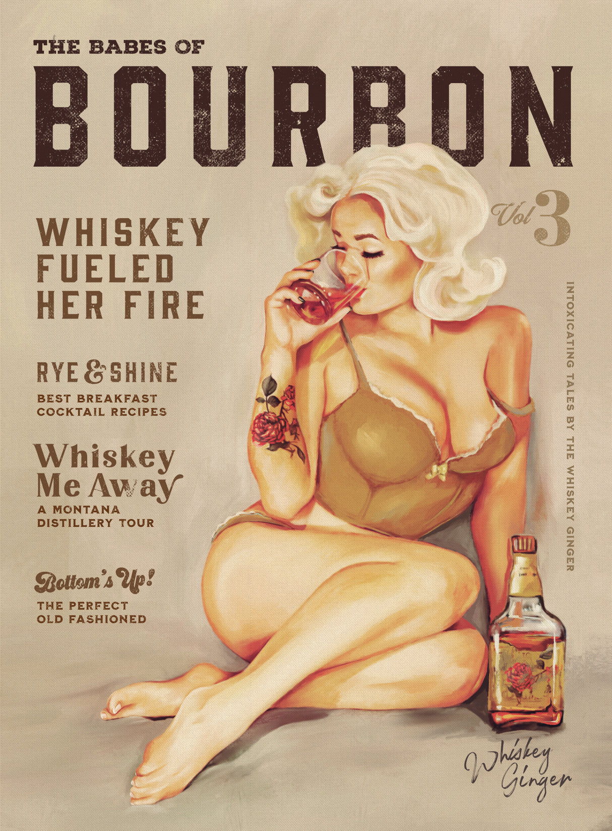 Babes of Bourbon Vol 3 Sexy Vintage Pin Up Girl Drinking Whiskey Poster och Canvastavla
