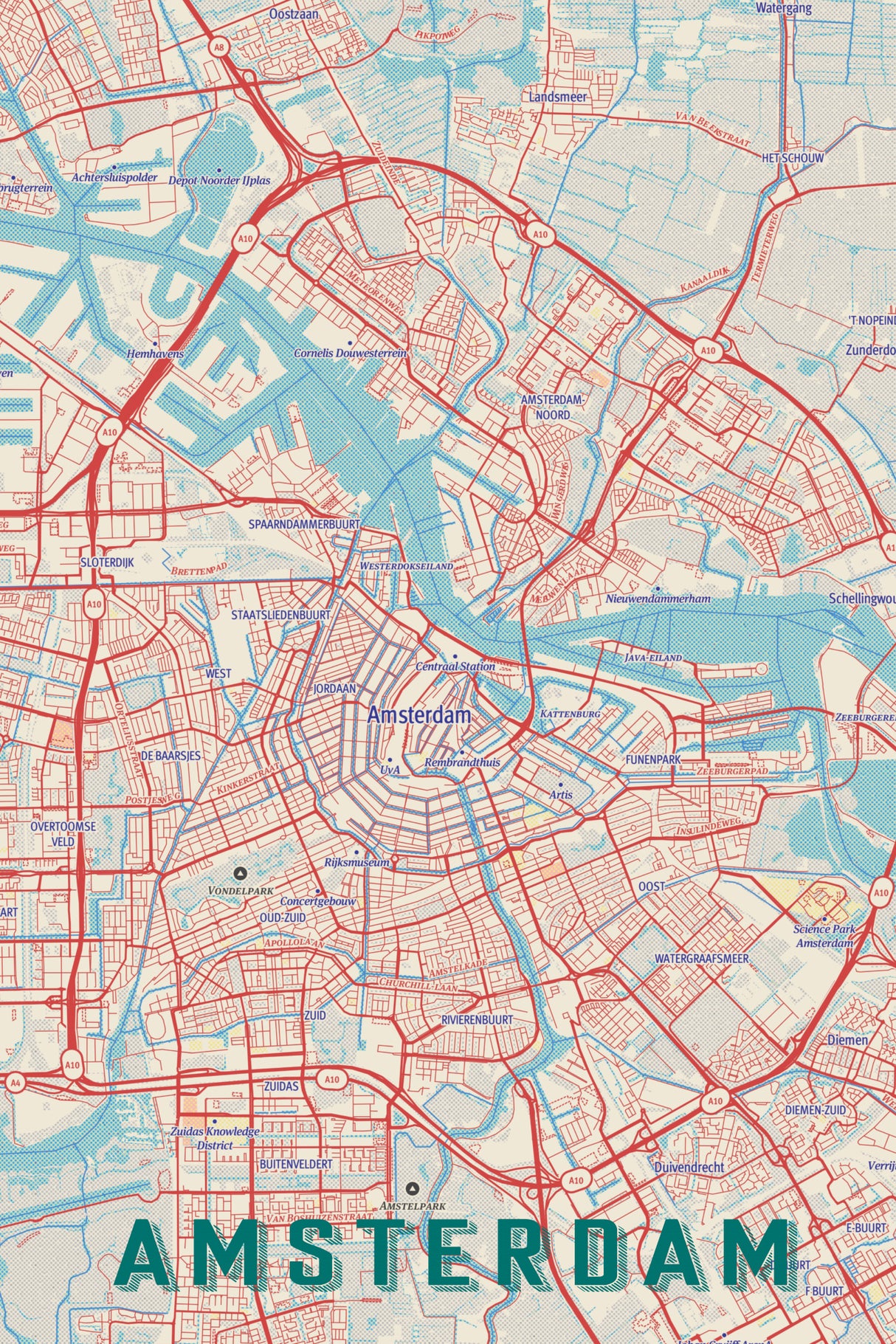 Retro Map   Amsterdam Poster och Canvastavla
