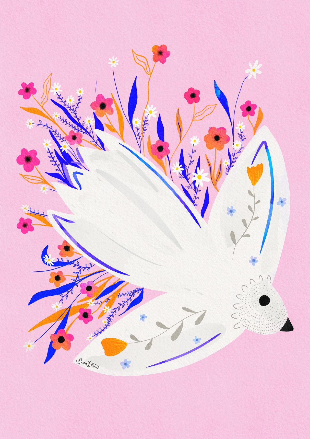 Bird in Flowers Pink illustration Poster och Canvastavla