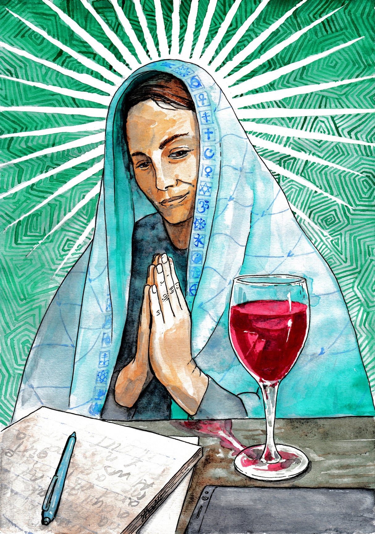 AW Maria. Holy Drink Watercolor Portrait. Poster och Canvastavla