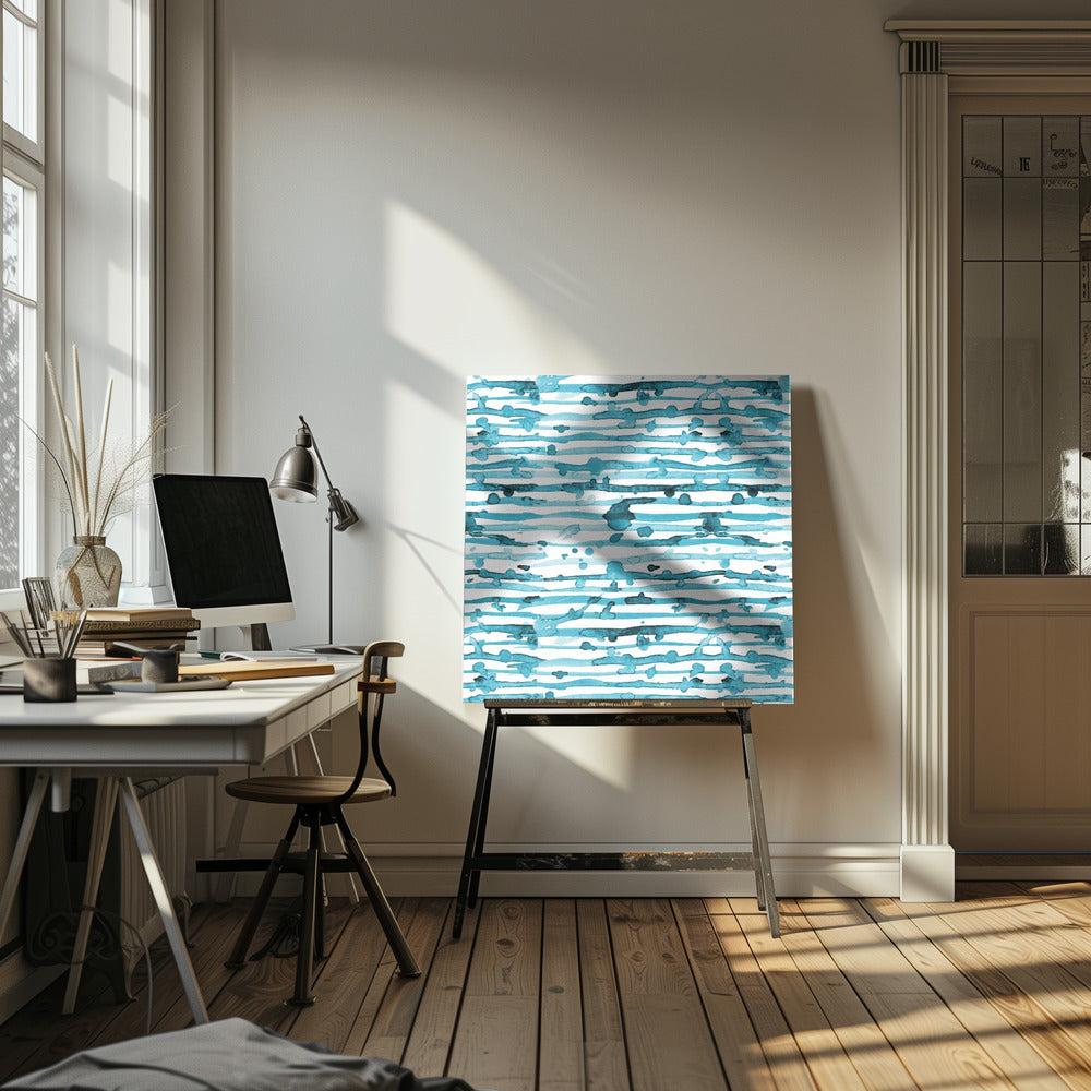 Indigo Turquoise Line Splatter Watercolor Poster och Canvastavla