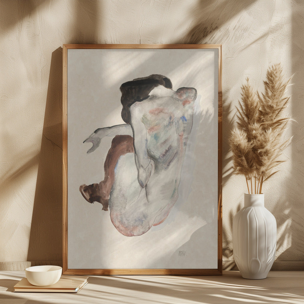 Crouching Nude In Shoes and Black Stockings 1912 Poster och Canvastavla