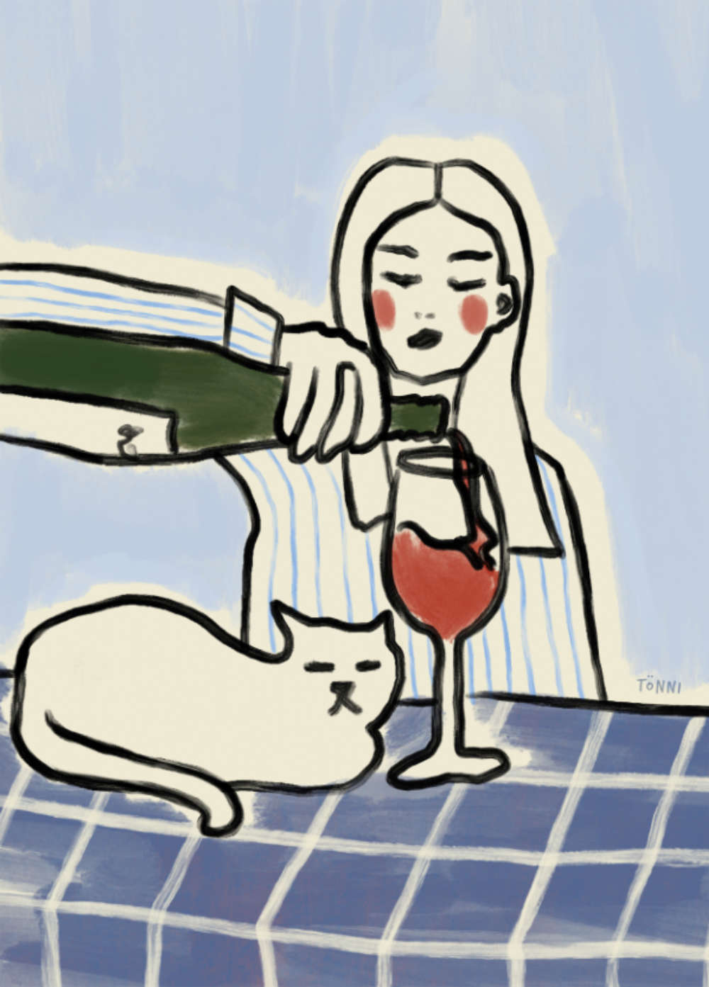 Cats and Wine Table Blå