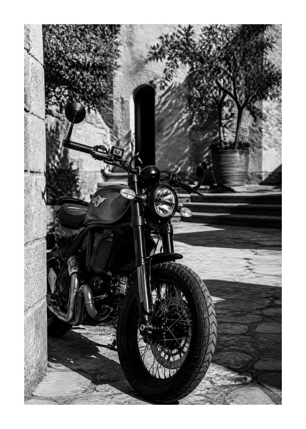 Ducati Scrambler – Mediterranean Courtyard Blackwhite Poster