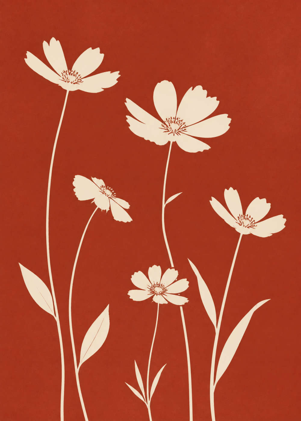 White flower silhouettes on brick red Poster