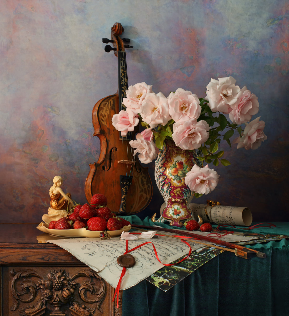 Still life with violin and roses Poster och Canvastavla