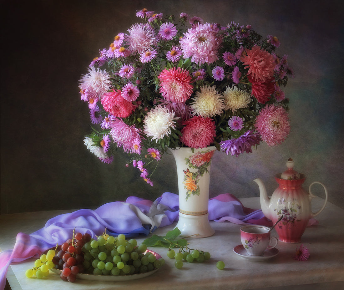Still life with autumn bouquet and fruits Poster och Canvastavla