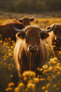 Highland cows in flower field no2 Poster och Canvastavla