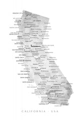 Grayscale watercolor map of California with cities Poster och Canvastavla