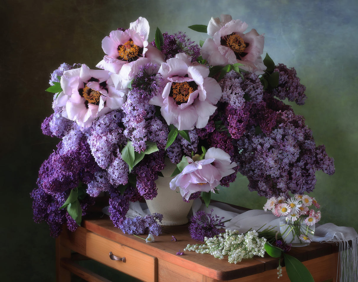 Still life with a bouquet of lilacs and peonies Poster och Canvastavla