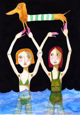 Swimming Girls with Sausage Dog Poster och Canvastavla